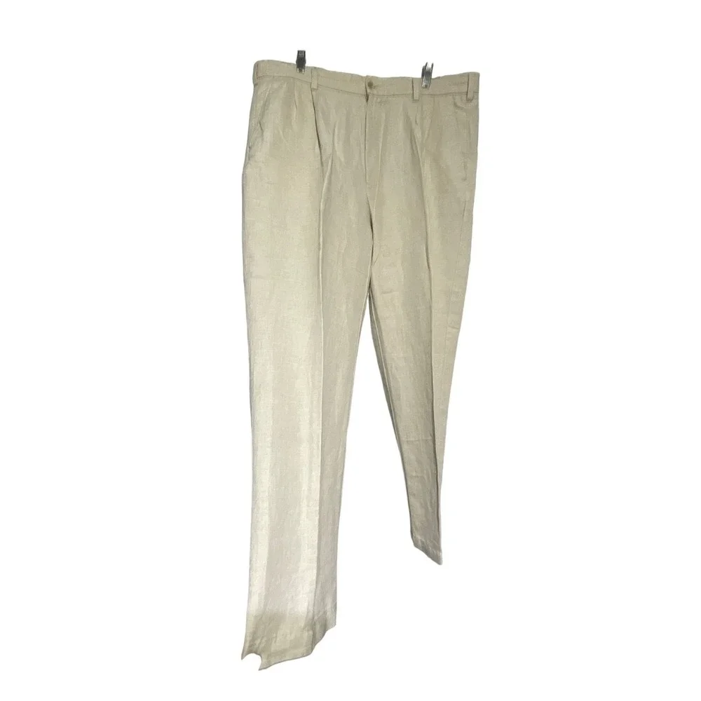 Caribbean Linen Pants Mens 38x30 Pleated Beige Casual Summer Trousers Slacks EUC